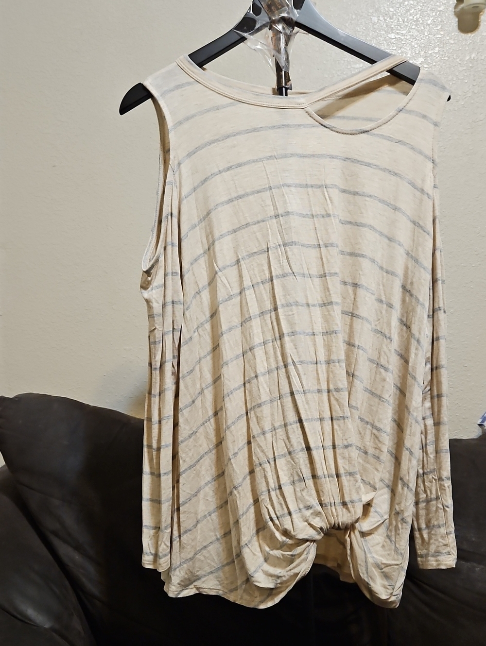 1.4.3. Story by Line Up Cream Cold Shoulder Long Sleeve Striped Knot-Front Top